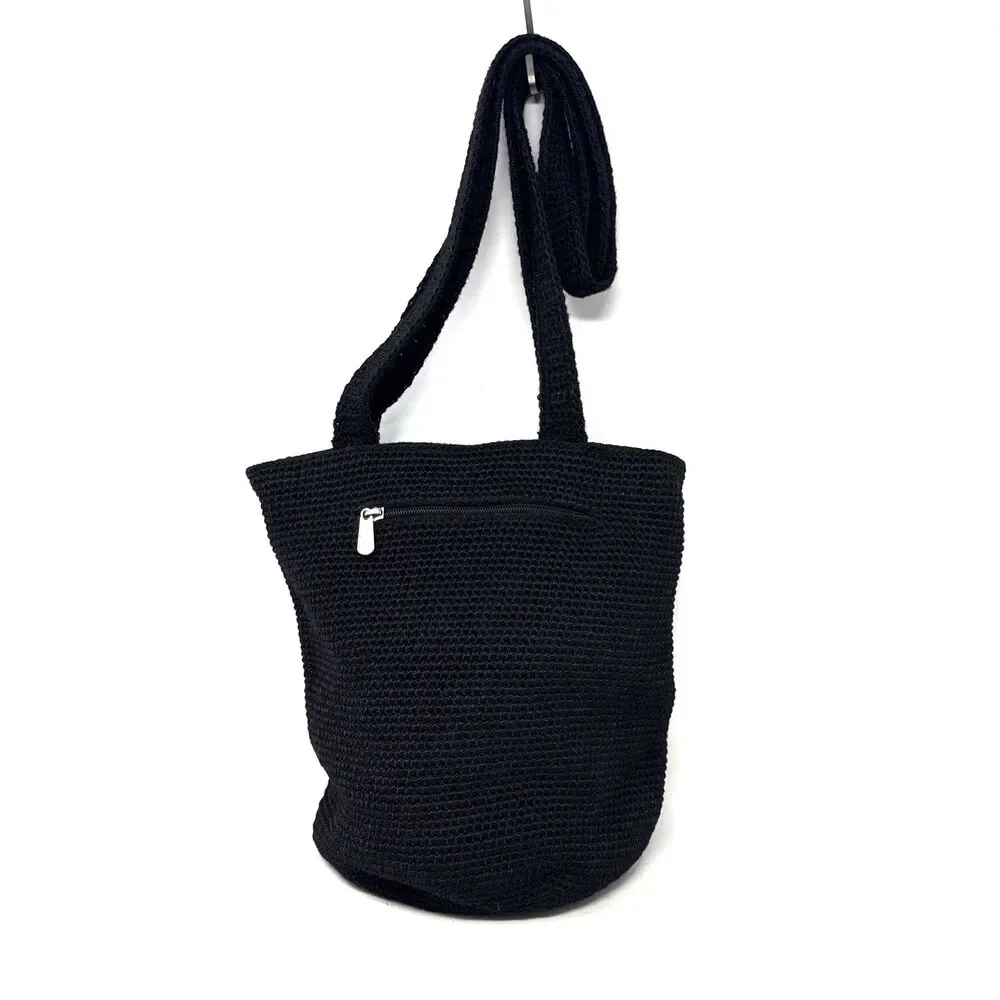 The Sak Crochet Hobo Bucket Bag Black Double Shoulder Strap Boho Euro Summer